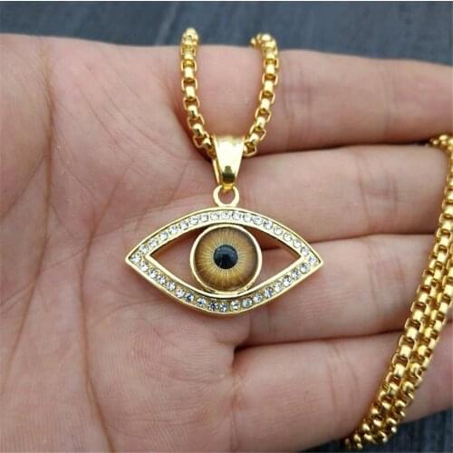 Turkish Eye Pendant With Stainless Steel Chain And Iced Out Bling Rhinestones Amulet Necklace Hip Hop Turkish Jewelry XL1284