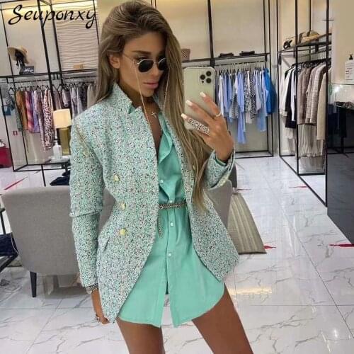 High-Quality Fashionable WomenS Plaid Tweed Elegant Jacket 2021 Spring Sexy Lapel Long-Sleeved Double-Breasted Casual Slim Coat