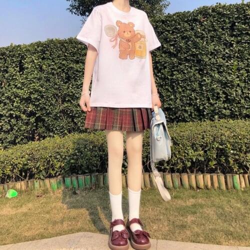 Harajuku Kawaii Short-Sleeved Women T-Shirt Japanese Style Cute O-Neck Girly Top Y2k Bear Cartoon Print Sweet Tees Female