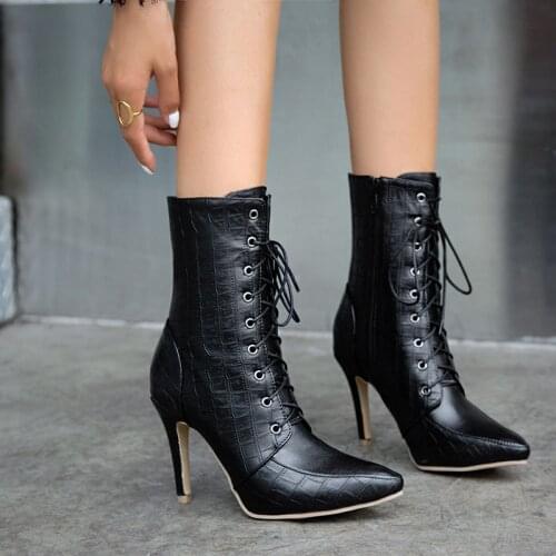 Thin High Heel PU Leather 4 Color Women Shoes Spring Autumn Lace Up Pointed Toe Fashion Female Ankle Boots Big Size 34-48