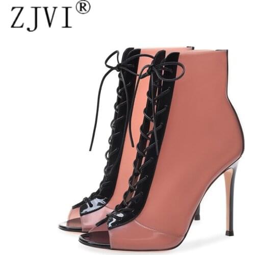 New Arrival 2020 Woman Patent Leather Cross Tied Ankle Boots Women Summer 12cm Thin High Heels Boots Sandal Ladies Shoes Sandals