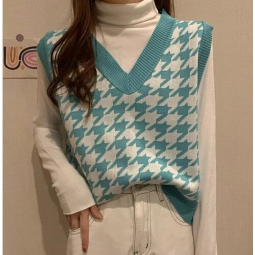 V-Neck Plaid Sweater Vest Women Casual Knitted Pullovers Female 2020 Autumn Korean Style Loose Womens Sweaters Tops Pull Femme