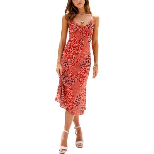 2021 Women’s Sexy Spaghetti Strap Dress Fashion Floral V-neck Backless High Waist Mid-length Dress Summer Party Clothes