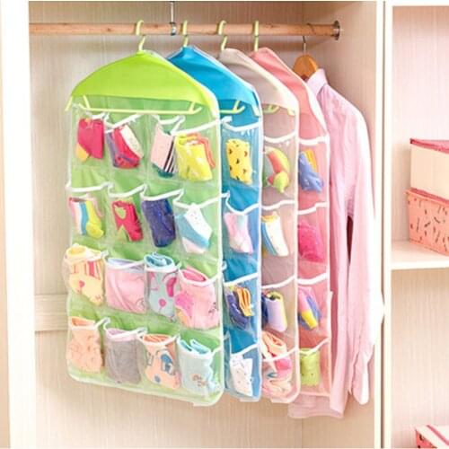 16 Pockets Clear Hanging Bag Polyester Transparent PE Socks Bra Underwear Rack Hanger Hanging Storage Organizer