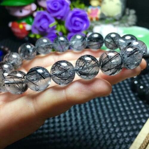 FREE SHIPPING Natural Bracelet Crystal Black Hair Rutilated Quartz Beads AAA 12-11.3mm