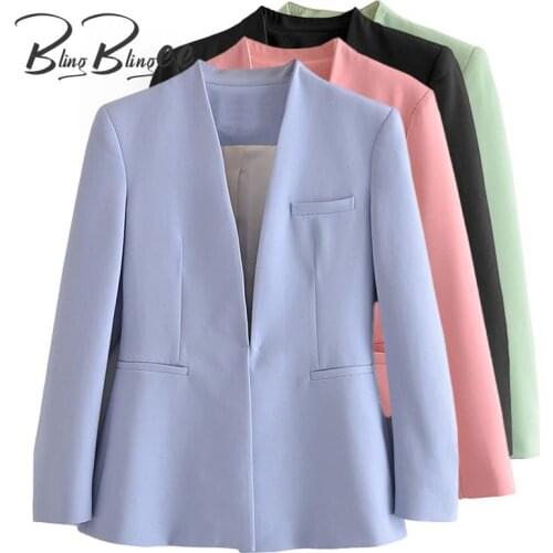 BlingBlingee 2021 Za Blue Pink OL Style Casual Blazers Autumn Wrist Sleeve Office Lady Suit Jacket Regular Fit Women Chic Coats
