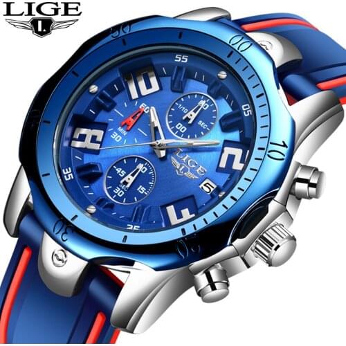LIGE Fashion Mens Watches Top Brand Luxury Dial Clock Male Creative Silicone Waterproof Quartz Watch Men Sport Chronograph +Box