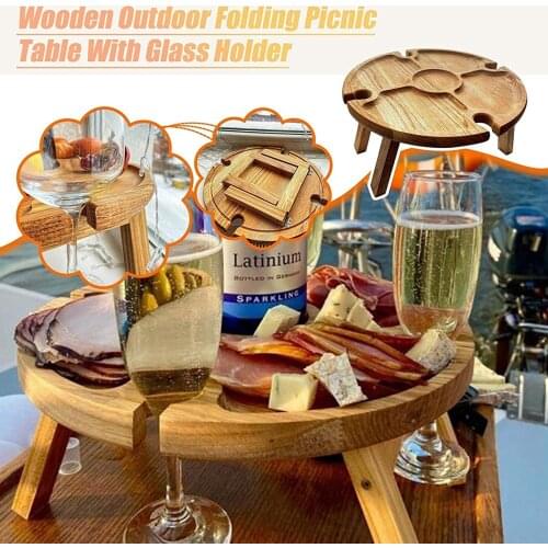 Wooden Collapsible Table with Grooves for Goblets Round Shape Folding Table for Picnic Camping