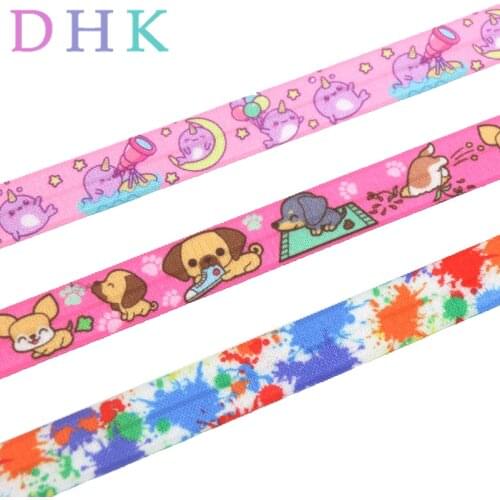 DHK 5/8'' 50yards narwhal dog art paint printed Fold Elastic FOE stretch ribbon hairbow headwear headband DIY Wholesale S933