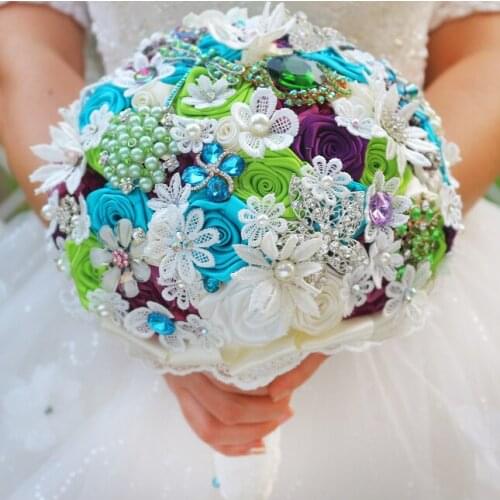 Lace Style brooch bouquet advanced custom wedding bridal bouquet, blue & green holding flowers Crystal pearl Bride 's Bouquet