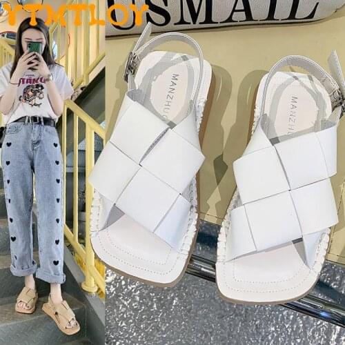 Summer 2021 new casual all-match flat-bottom woven soft-soled fashion sandals buckle student comfortable Roman womens shoes
