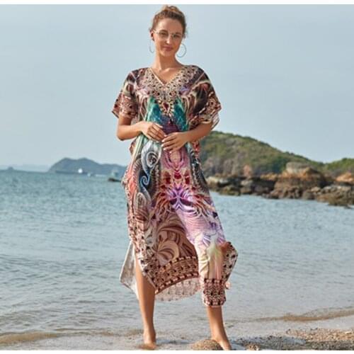 Maio Feminino Praia 2020 Coverup Bikini Pareo Swimwear Plus Size Cover Up Tunics Sarong Womens Bathing Suit Kaftan Drying Print
