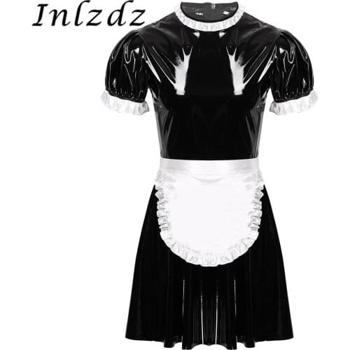Mens Sissy Maid Cosplay Costume Set Round Neck Wet Look Leather Maid Servant Uniform Role Play Clothing Flared Dress with Apron