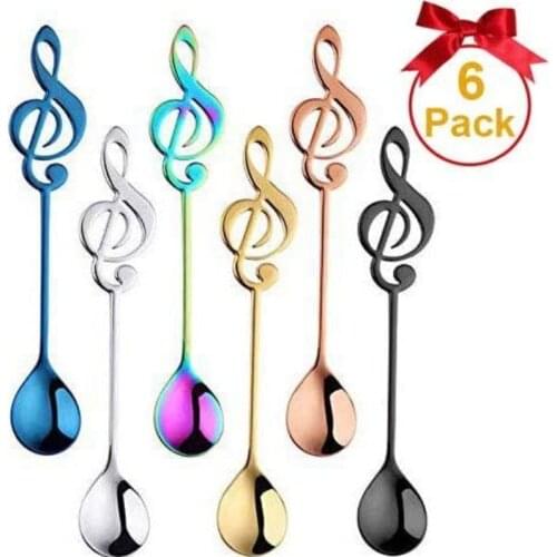 Music Coffee Spoon 6pcs Stainless Steel Teaspoon Colorful Dessert Musical Notation Shaped Spoon for Stirring/Mixing/Dessert Ice