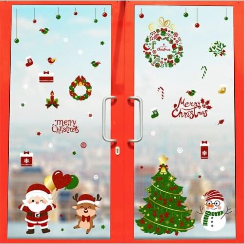 Merry Christmas Wall Stickers Cute Santa Claus Snowflake Elk Window Glass Stickers For New Year 2022 Xmas Party Home Wall Decals