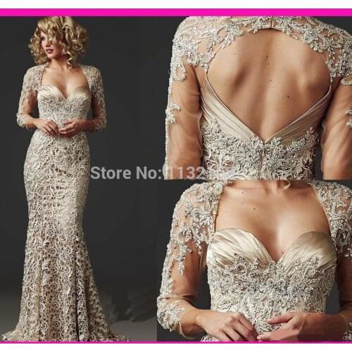 Inexpensive Sexy champagne long sleeves floor length mermaid lace mother of the bride dresses formal dresses wedding part dress