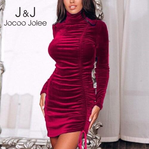 Autumn Winter Elegant Skinny Mini Dress Women Long Sleeve Turtleneck Drawstring Ruched Suede Bodycon Dress Party Club Dress