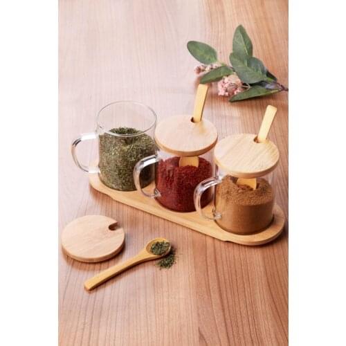 3-Piece Glass Spice Rack with Bamboo Tray with Handle Kitchen Mother Spice Set Salt and Pepper Bowl Tableware Wooden Bamboo