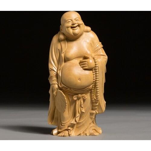 Boxwood Maitreya Mythology Buddha Statue Laughing Buddha with Fan Sculpture Gift Living Room Home Decor