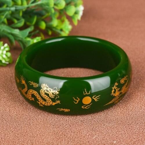 WIDEN NATURAL GREEN JADE DRAGON BANGLE BRACELET CHARM JEWELLERY FASHION ACCESSORIES HAND-CARVED LUCKY AMULET GIFTS WOMEN HER MEN