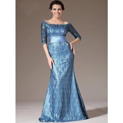 Blue Evening Dresses Mermaid Half Sleeves Lace Formal Long Dubai Saudi Arabic Evening Gown Prom Dresses