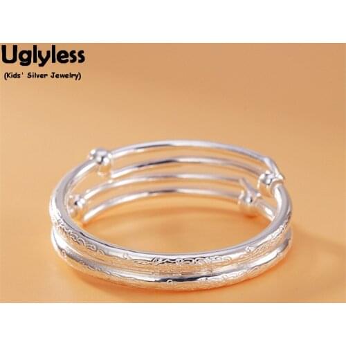 Uglyless 1Pair 2pcs Traditional Kids Silver Jewelry Carved Flowers Glossy Bangles 99.9% Full Silver Push-pull Bangles Adjustable