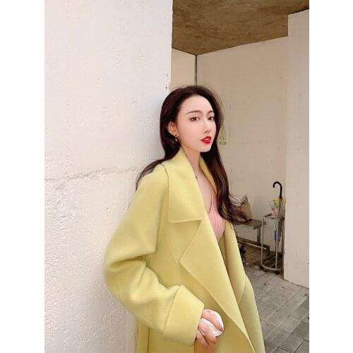 Yellow double-sided A+ grade baby alpaca lapel tie coat coat