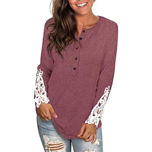 Lace Hollow Out T Shirts for Women Solid Woman Top Tee Buttons O-Neck Long Sleeve Female Tops Loose Fall New Casual Undershirt