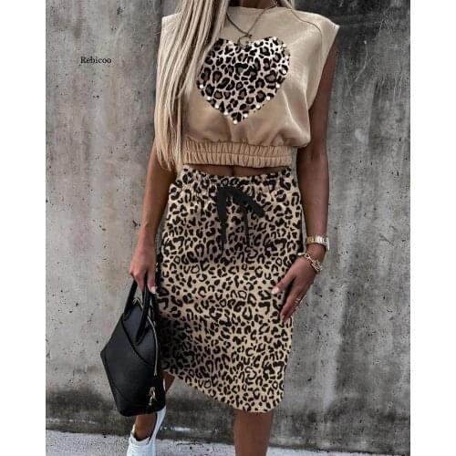 Womens Clothing Two-Piece Casual Commuter Lace-Up Leopard Print Sleeveless Top and Drawstring Skirt Suit Women