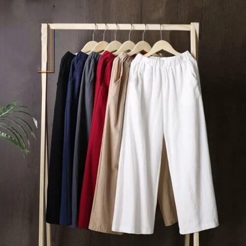 Womens 100%Cotton Pants Spring Summer Casual Cotton Linen Solid Elastic Waist Straight Female Ankle-Length Plus Size 4XL H246