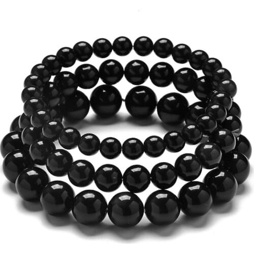 Women Men Punk Rock Simple Fashion 6/8/10mm Round Ball Beaded Bracelets Natural Black Obsidian Stone Wristband Bracelets Jewelry