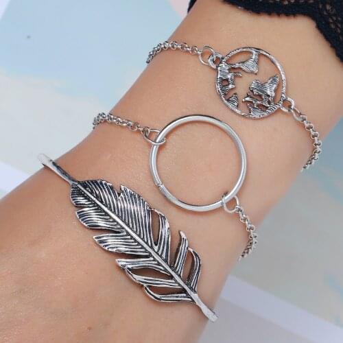 Hesiod 3pcs/Set Vintage Cuff Bracelet Bangles for Women Silver Color Leaf Circle Map Decoration Open Chain Bracelet