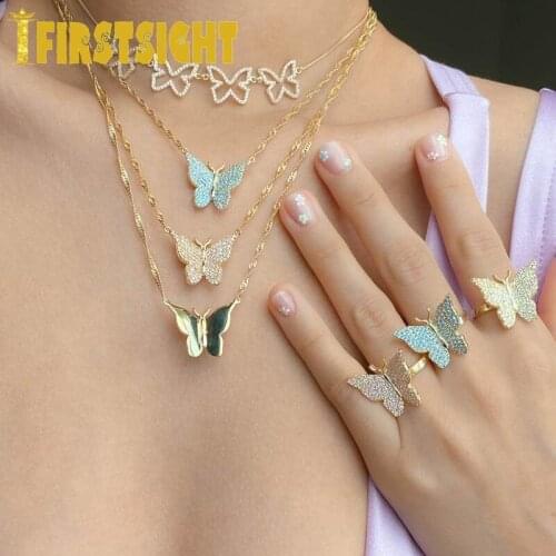 2021 New Iced Out Cubic Zirconia Butterfly Necklace Gold Color Pink Blue CZ Stone Animal Charm Choker Women Fashion jewelry