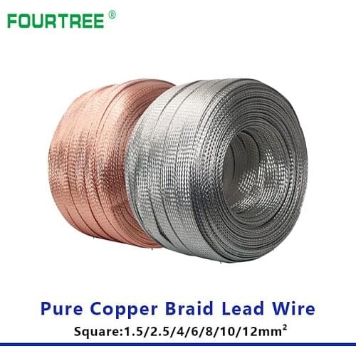 1M Pure Copper Tinned Braid Lead Wire High Flexibility Bare Ground Cable Flat Conductive Tape Square1.5 -12mm2