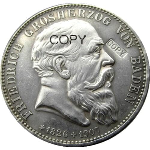 1907 German States BADEN 5 Mark Silver Plated Copy Coin