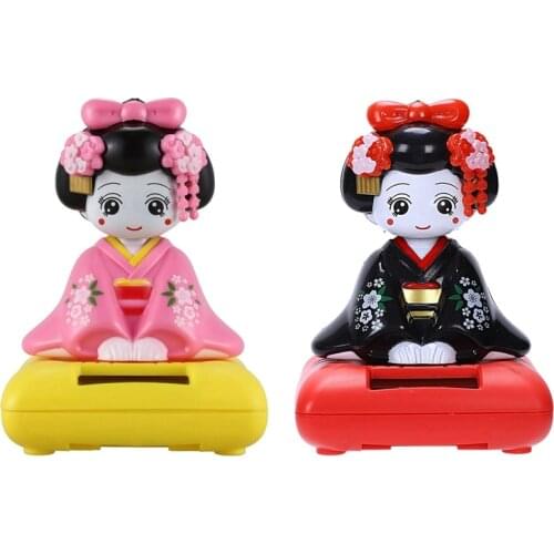 2 Pcs Solar Powered Bobblehead Toy Figure, Japanese Kimono Maiko Geisha - Pink & Black