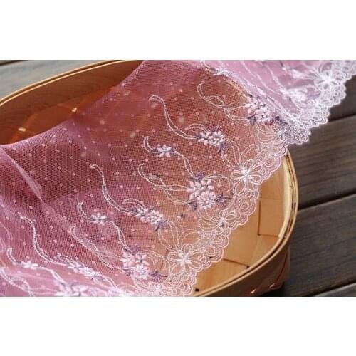 2 Yards Lace Trim Purple Flowers Floral Embroidered Dotted Tulle Lace 7.48 Inches Wide