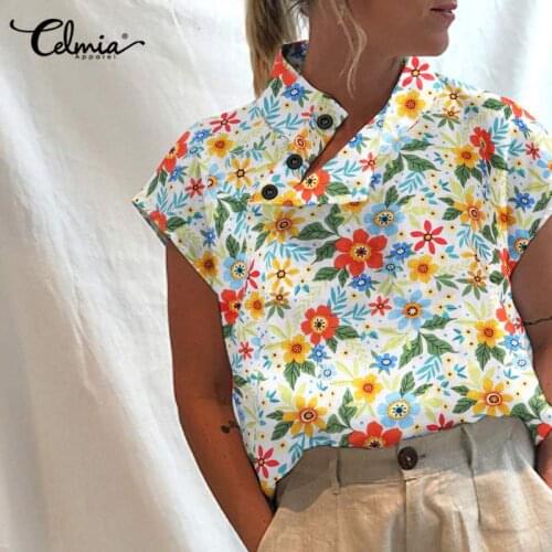 2021 Summer Blouse Celmia Women Floral Print Vintage Shirts Casual Short Sleeve High Collar Fashion Tunic Tops Plus Size Clothes