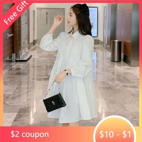 852# Spring White Cotton Maternity Blouse Long Sleeve Large Size Loose Shirt Dress Clothes for Pregnant Women Chic Pregnancy