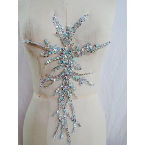 A153 hand made clear AB colour sew on Rhinestones applique crystals trim patches 36*23 cm dress accessory