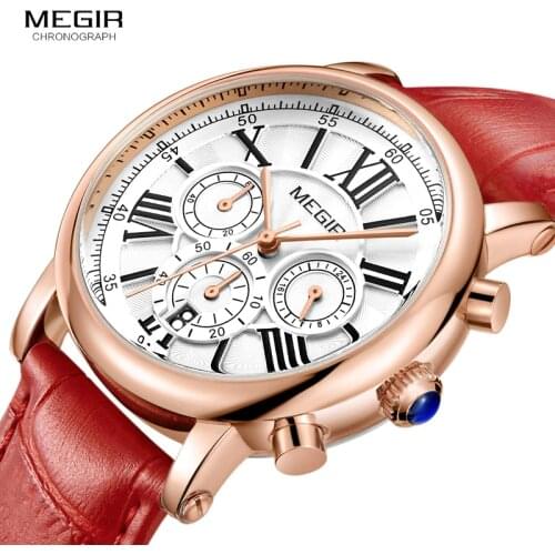 Megir 24 Hours Display Chronograph Analogue Quartz Watch for Lady Girl Womens Fashion Waterproof Red Leather Strap Wristwatch