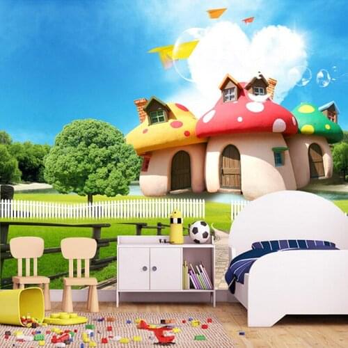 Dropship Custom Photo Mural Wallpaper for Kids Room 3D Cartoon Mushroom Room Children Bedroom Decor Wall Paper for Kids Room