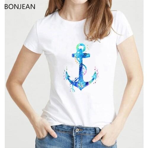 Watercolor Anchor printed tshirt women white harajuku kawaii t shirt femme summer gothic top female t-shirt drop shipping