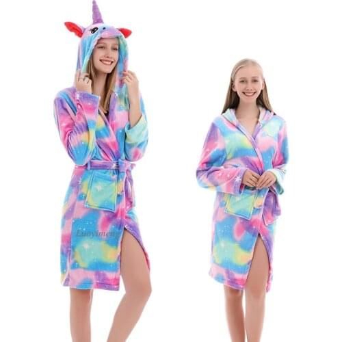 Children Bathrobe for Girls Kigurumi Unicorn Pyjamas Kids Colar Fleece Boys Bathrobes Nightgown Sleepwear Adult Hooded Bath Robe