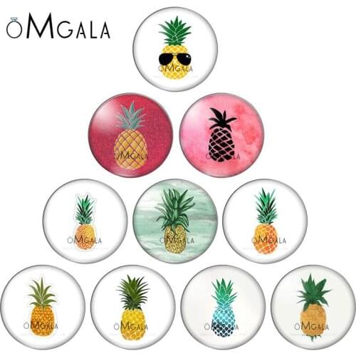 Fahsion images pineapple flowers leaves 10pcs mixed 12mm/16mm/18mm/25mm Round photo glass cabochon flat back Making findings