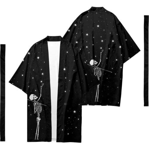 Oversize 6XL Skeleton Star Printed Long Style Japanese Kimono Cardigan With Belt Couple Women Men Casual Asian Clothes Harajuku