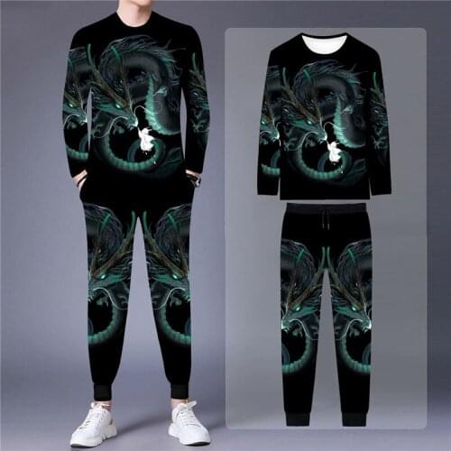 Spring and autumn new casual mens suit loose large size 3D green dragon printing long-sleeved T-shirt trousers 2-piece set