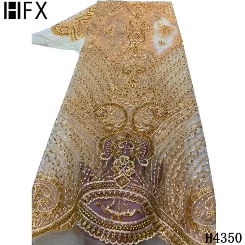 HFX 2021 fashion style gold color embroidered lace fabric french beaded african net lace fabric for party wedding dress H4350