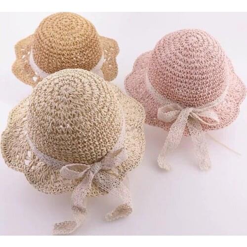 New Summer straw hats For Baby girls breathable lace Cap bow Beach Sun Hat Wide brim Kids Princess Outdoor travel sunscreen Hat