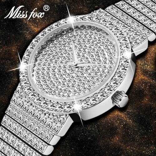 MISSFOX Ladies Watches Top Brand Luxury Waterproof Female Watches Silver Color Ice Out Diamond Wristwatch Gift For Girlfriend